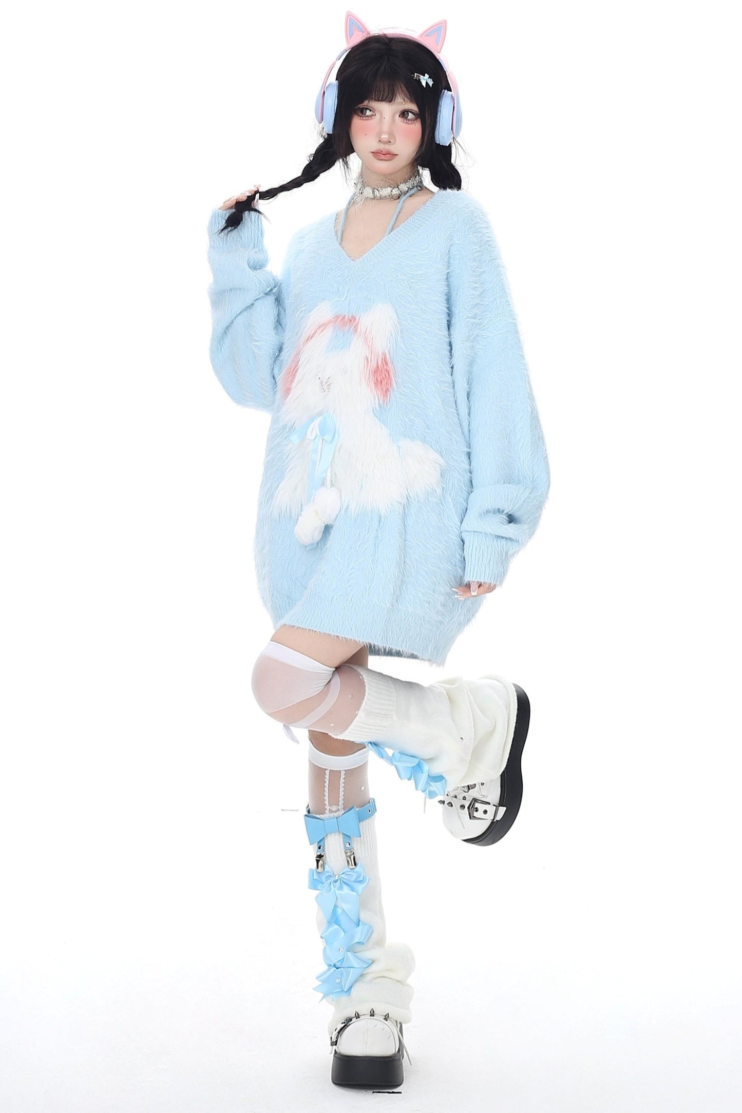 Faux Mink Bunny V Neck Fluffy Sweater