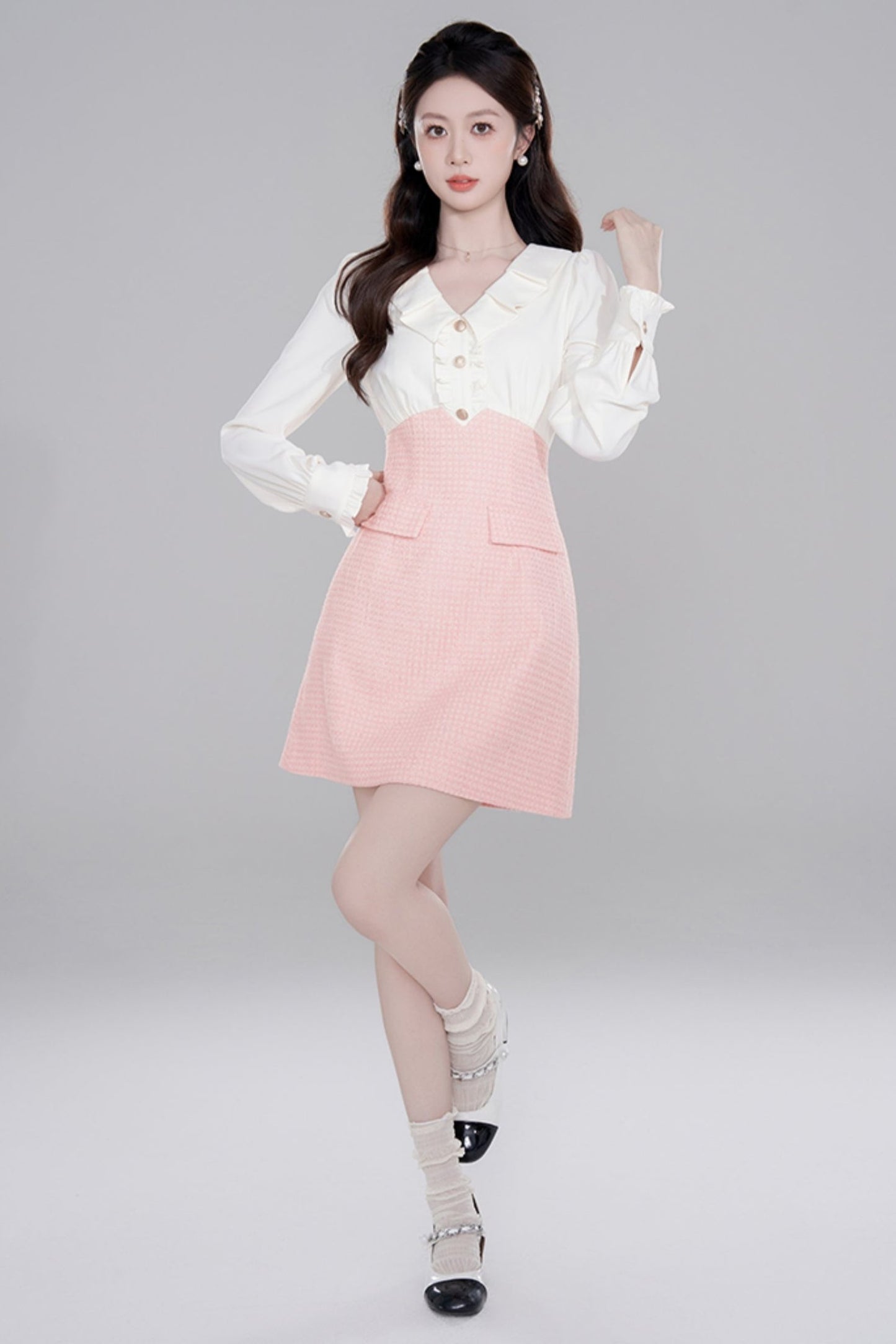 French Pink Fake Two Piece Dress