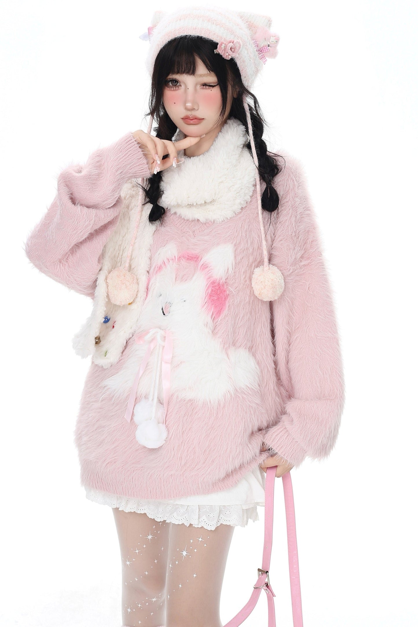 Faux Mink Bunny V Neck Fluffy Sweater