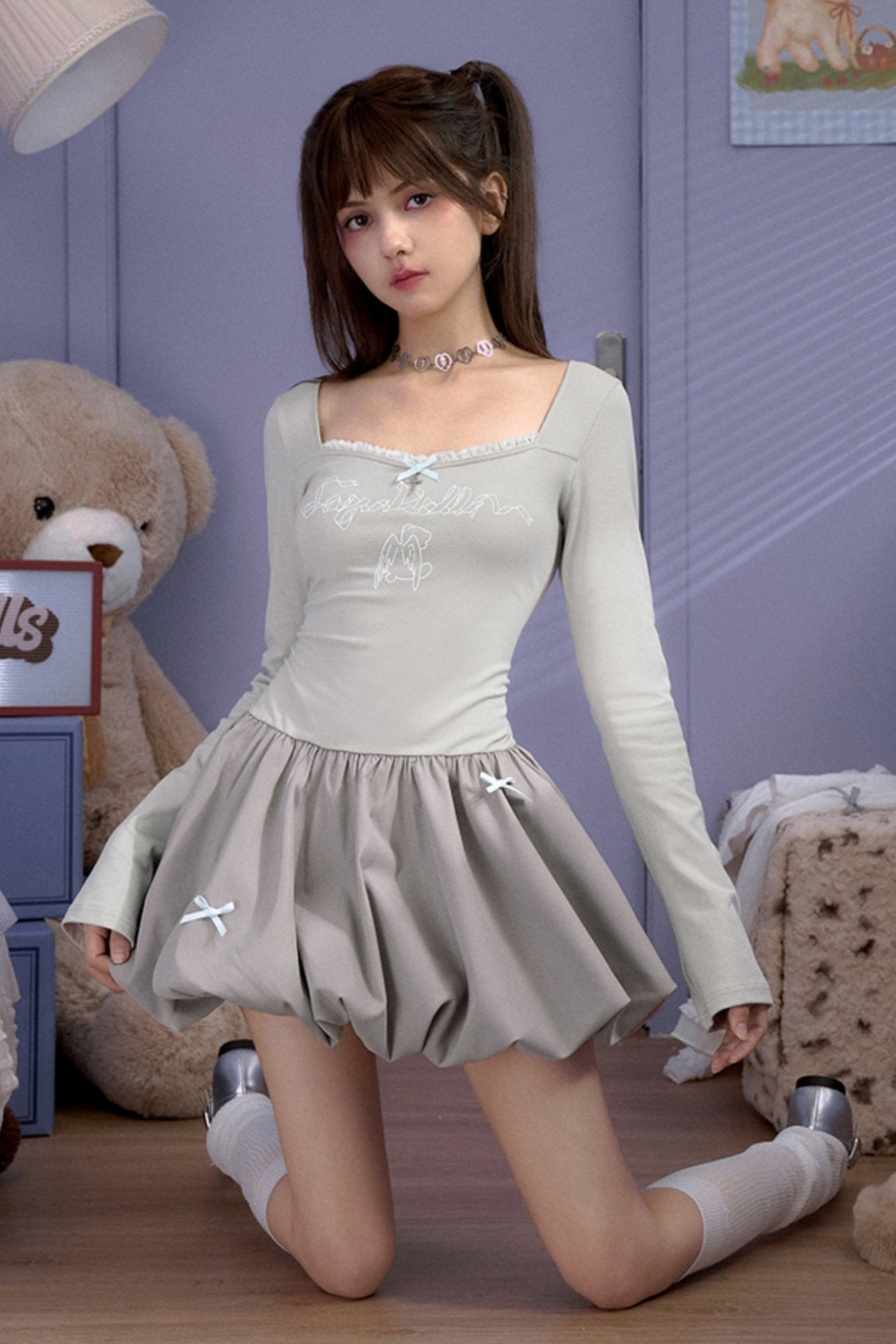 Gray Knitted Princess Bad Skirt Dress