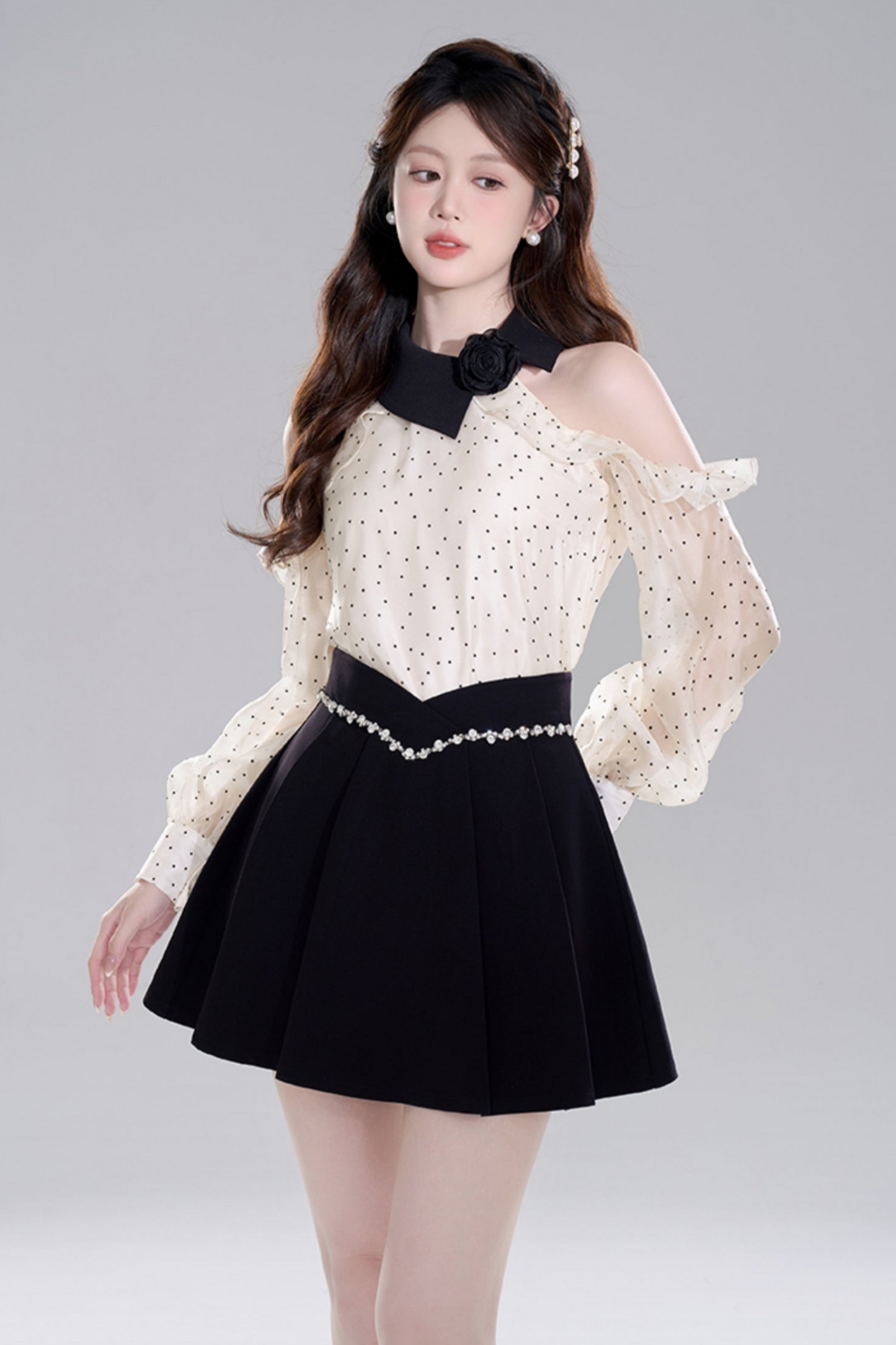 Polkadot off -shoulder chiffon top set