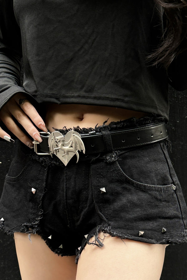 Black Low Waist Denim Tassel Shorts