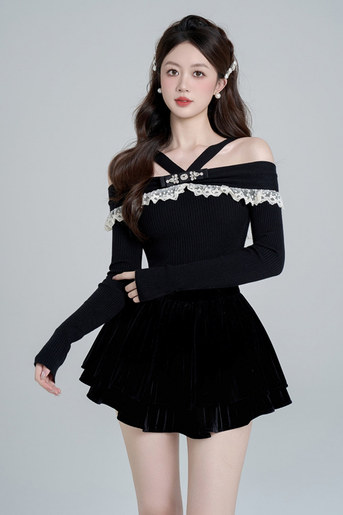 One shoulder black knit sweater