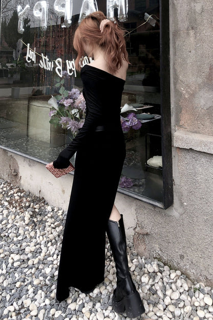 Blacks Slanted Shoulder Slit Dress