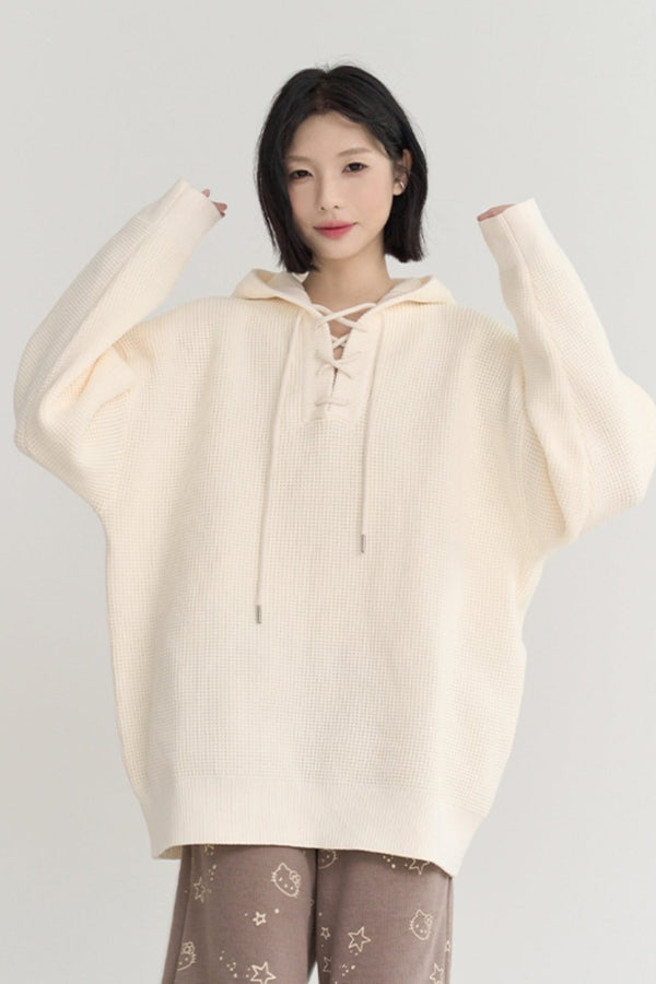 Solid Color Loose Knit Hooded Tops