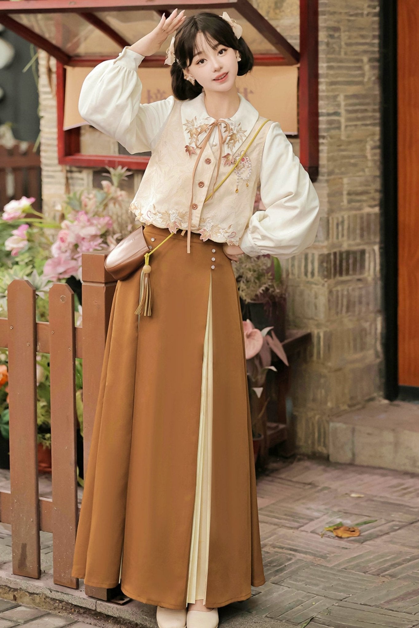 Retro Autumn Chinese Best+Shirt+Skirt