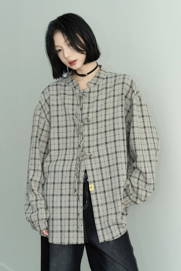 Lace-Up Check Long Sleeve Shirt
