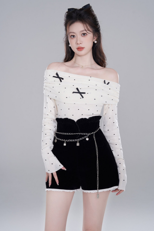 One shoulder Polkadot Knit Top Set