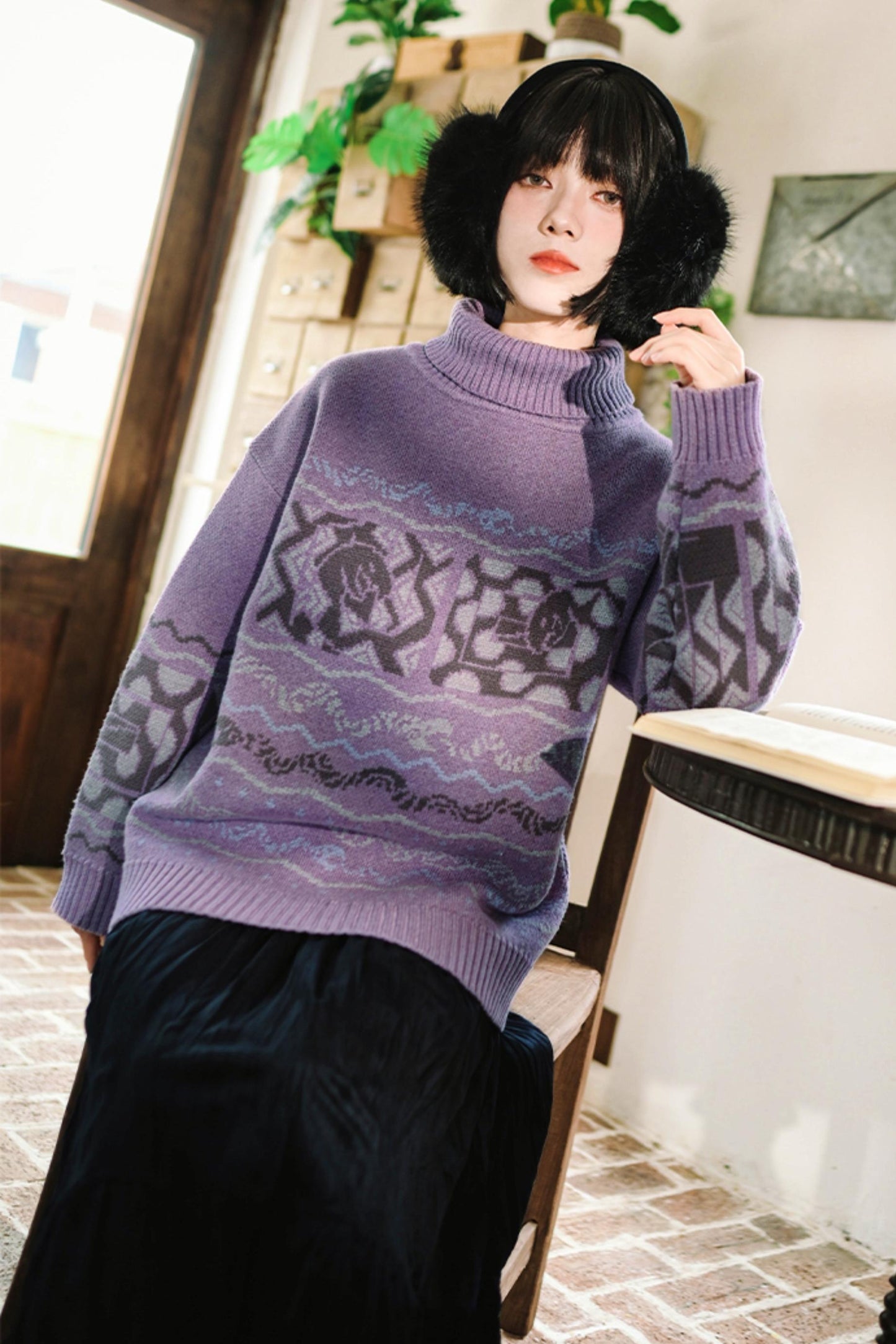 High Neck Jacquard Retro Sweater