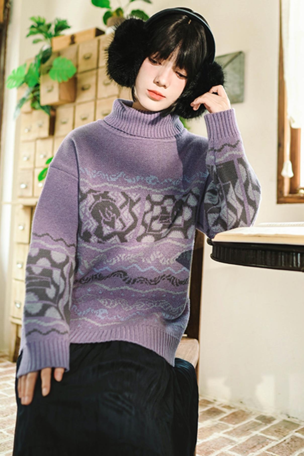 High Neck Jacquard Retro Sweater