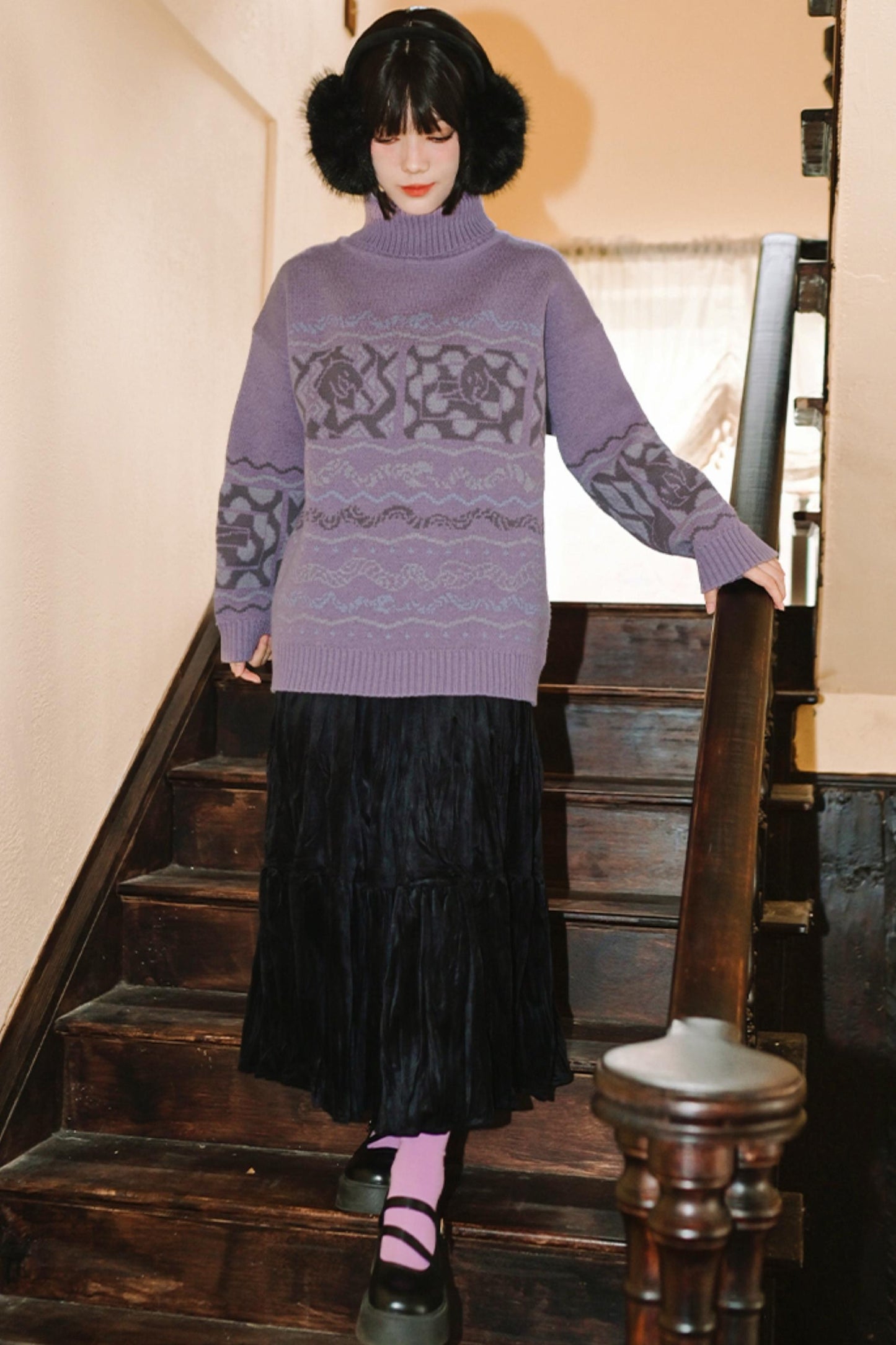 High Neck Jacquard Retro Sweater