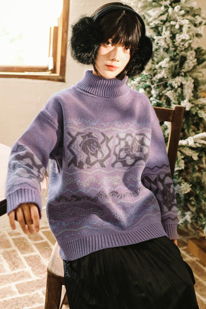 High Neck Jacquard Retro Sweater