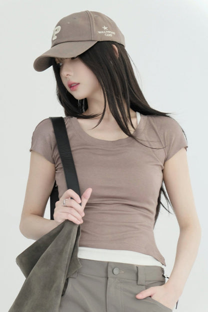 Solid Color Cropped U-Neck Tops