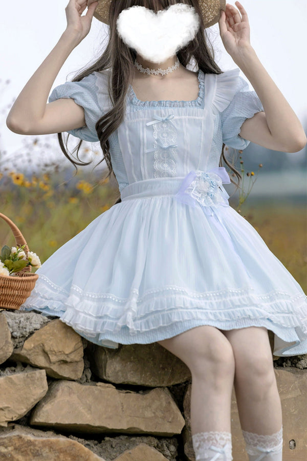 ブルードレスエプロンツーピースセットアップ