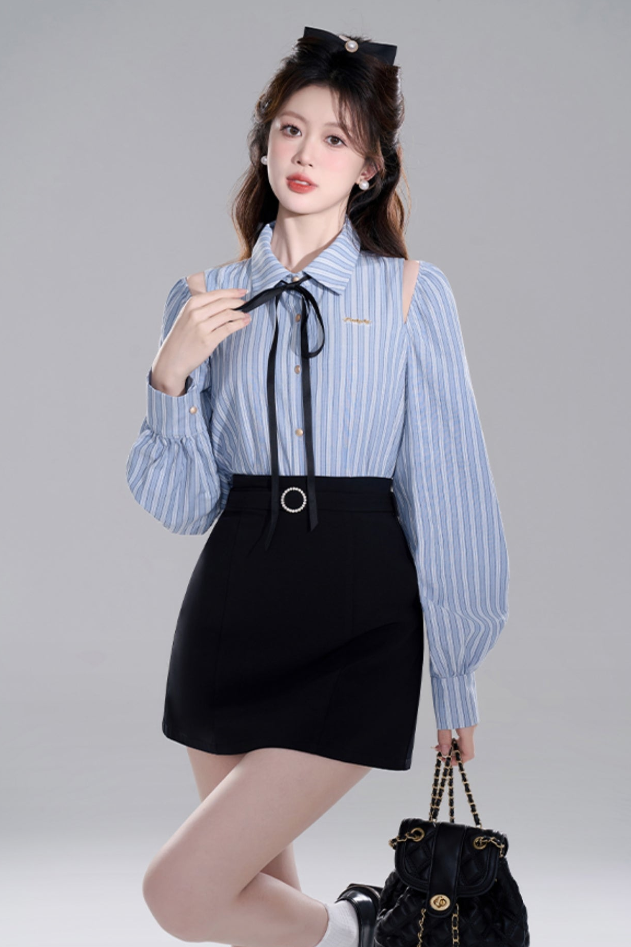 Blue stripe off shoulder crop set