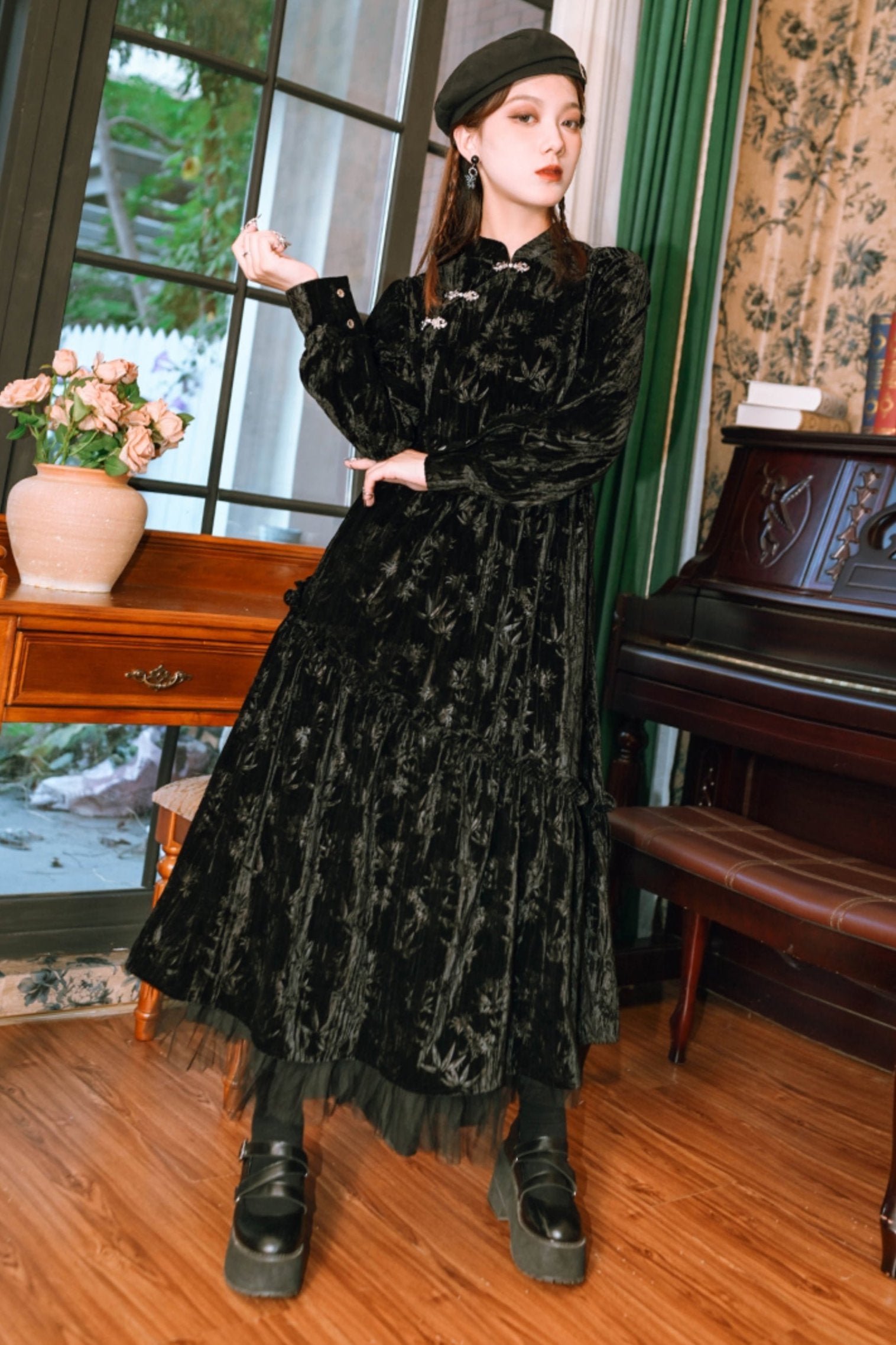 ブラックベルベットチョウサムカラーロングドレス – Belchic