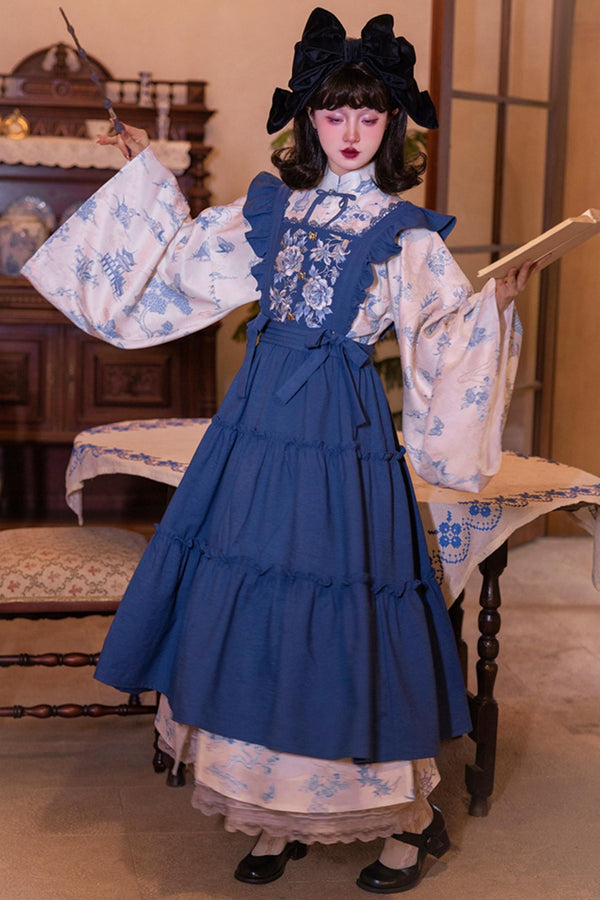 [Pre-order item] Blue and White Stand-up Collar China Set-up