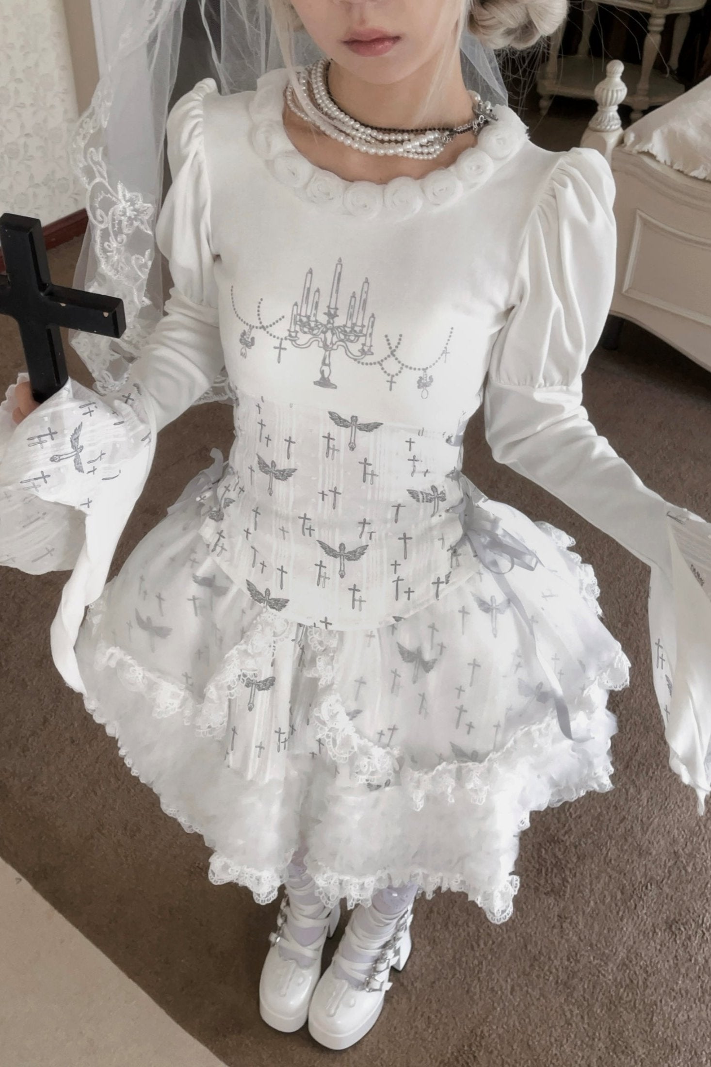 White Candle Stick Print Bell Sleeve Top – Belchic