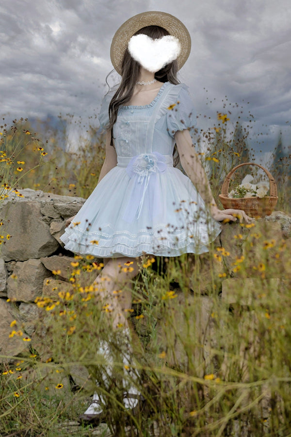 ブルードレスエプロンツーピースセットアップ