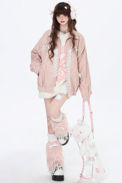 Loose Pink Bow Tie Leather Coat