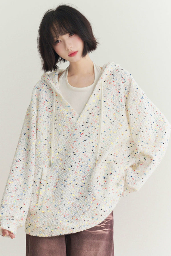 Vネックニットフーディルーズトップス