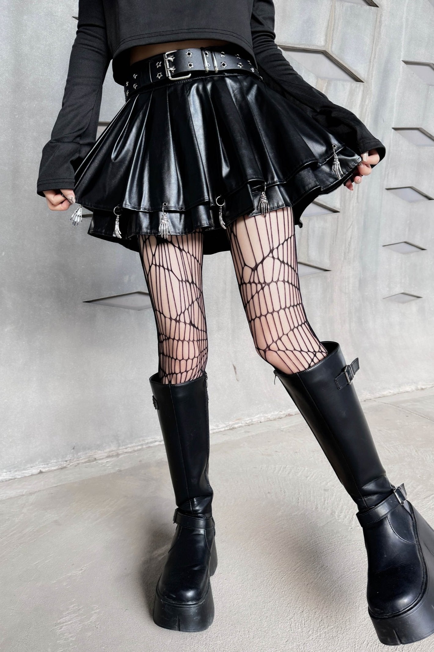 Dark Skull Leather Pleated Skirt