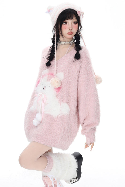 Faux Mink Bunny V Neck Fluffy Sweater