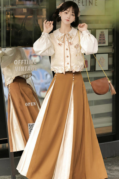 Retro Autumn Chinese Best+Shirt+Skirt