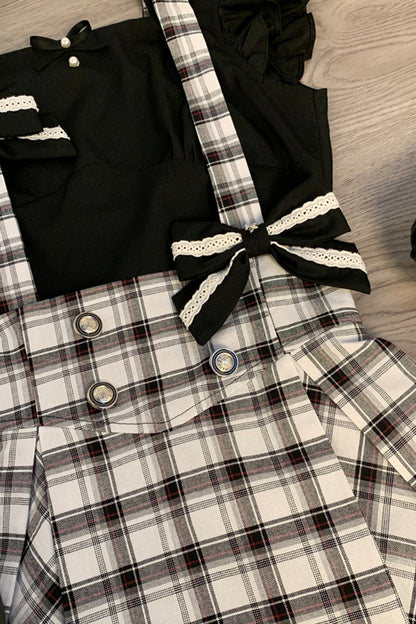 Plaid Vest Black Skirt Set-Up