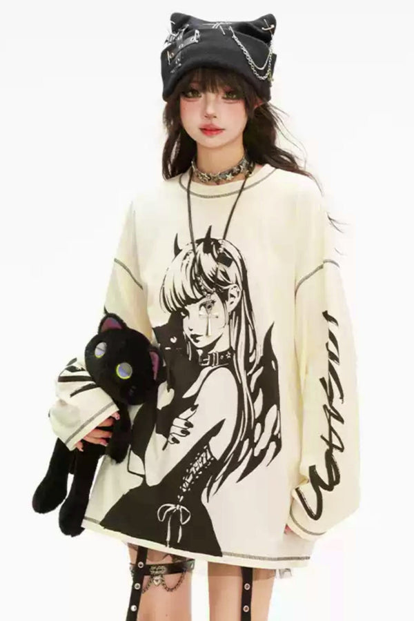 ダークガーリープリントロングスリーブTシャツ