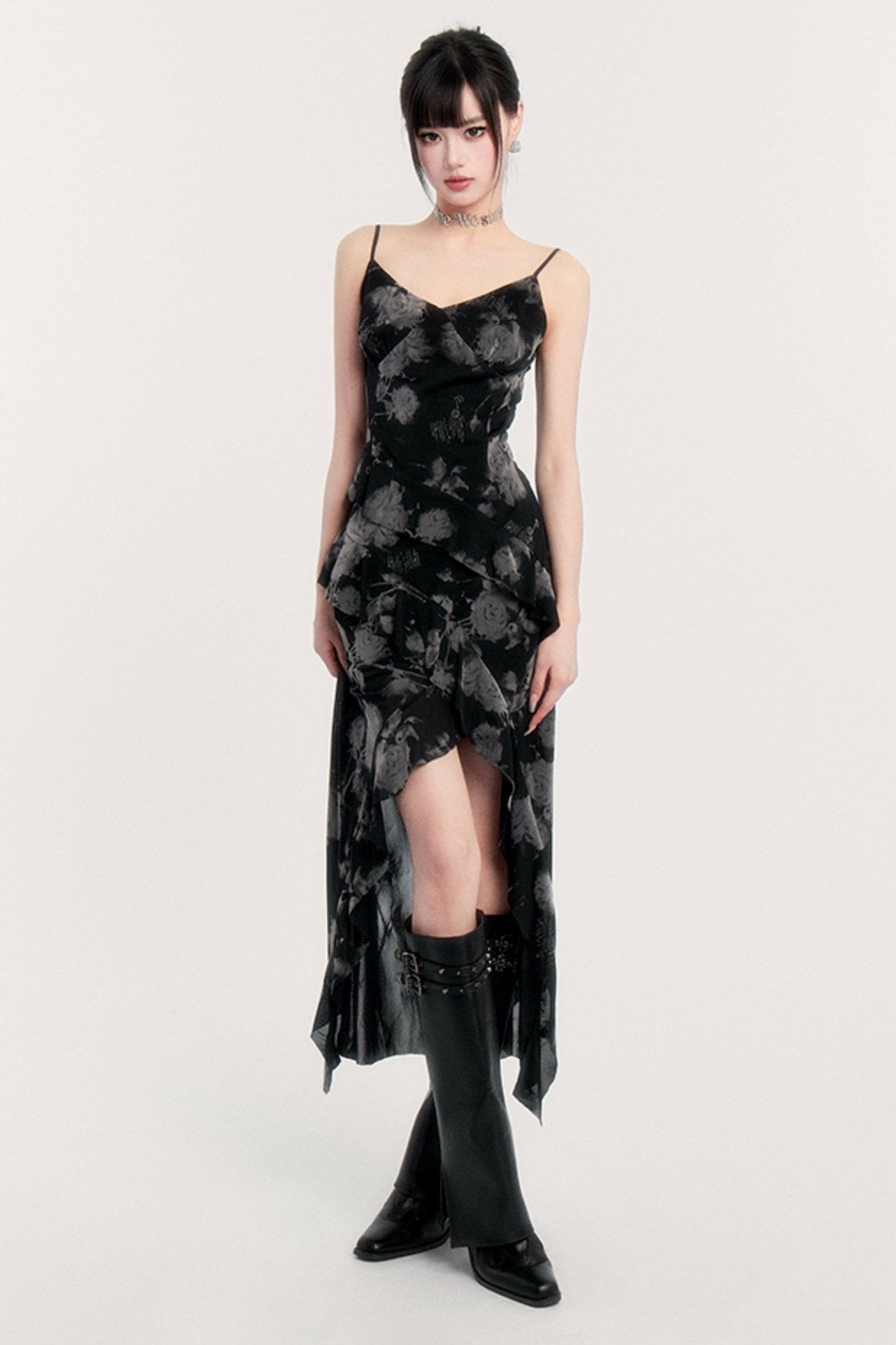 Dark Close Slit Floral Slip Dress