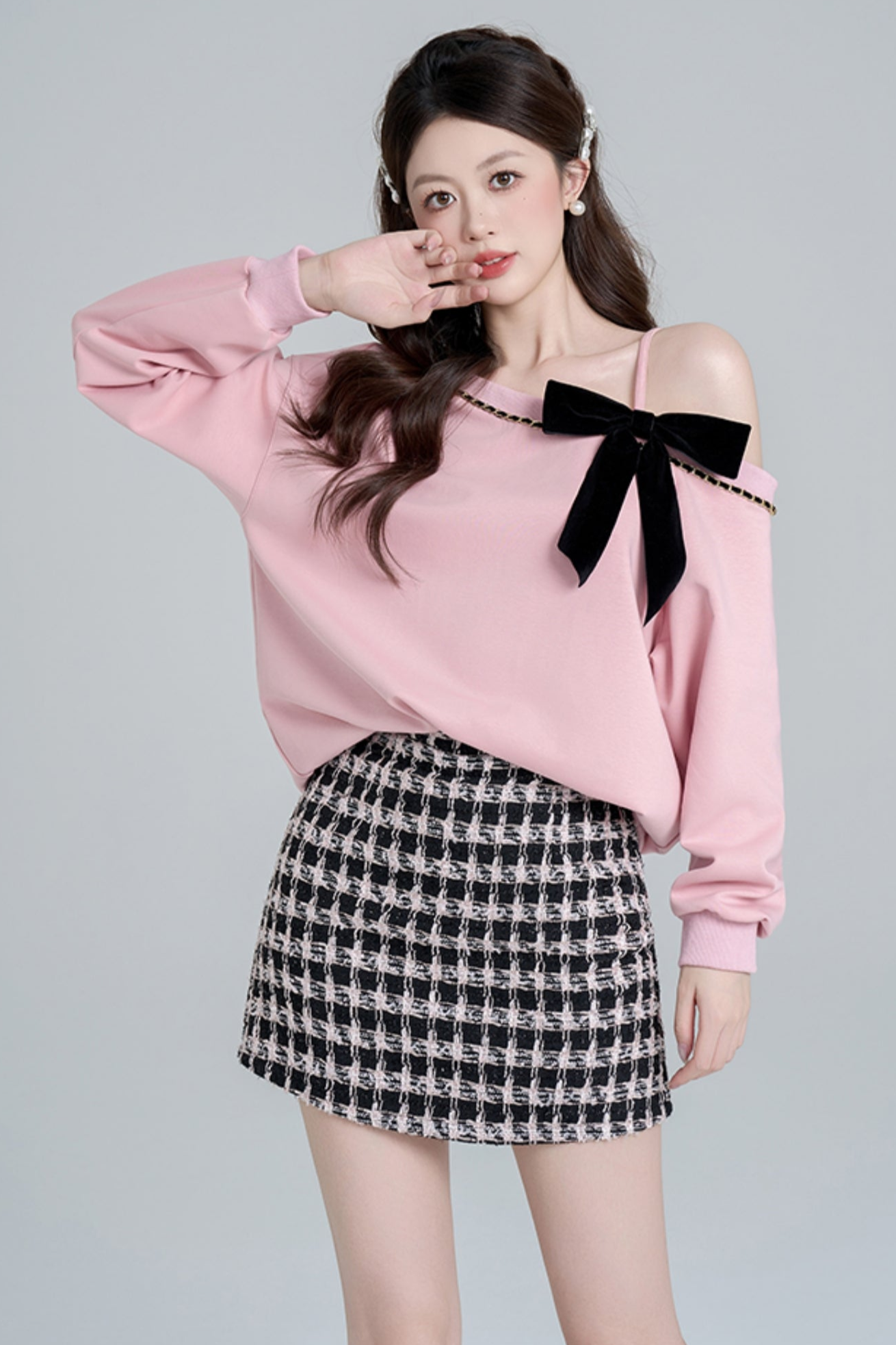 Pink slant shoulder loose sweatshirt set