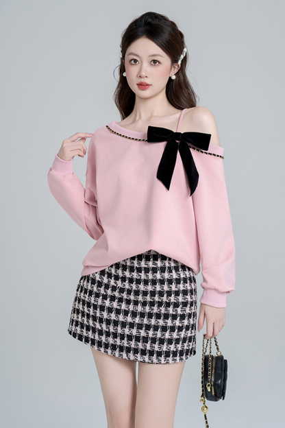 Pink slant shoulder loose sweatshirt set