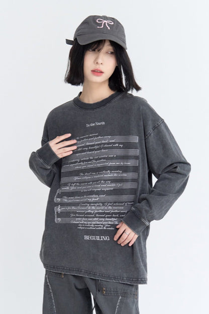 Music Note Print Long Sleeve Tops