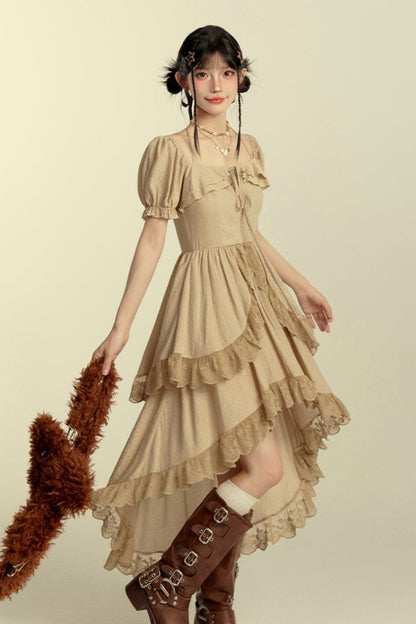 Vintage Square Neck Puff Sleeve Dress