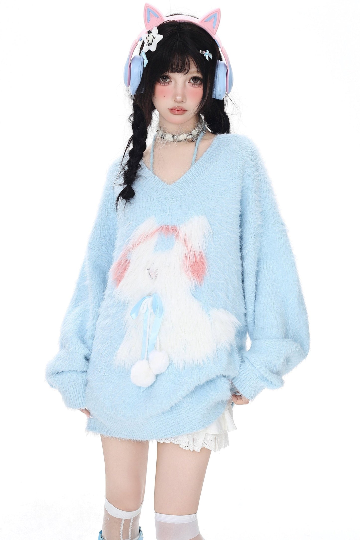 Faux Mink Bunny V Neck Fluffy Sweater