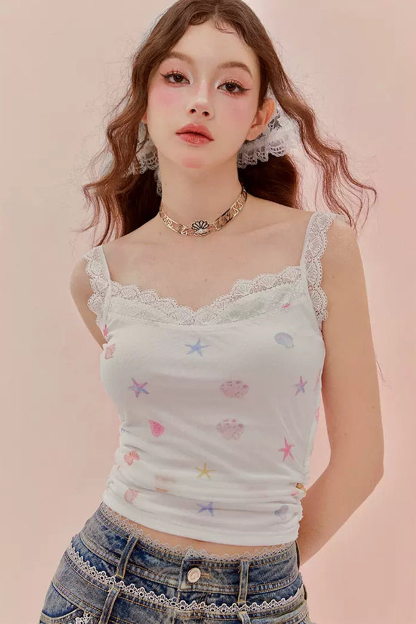 マリンプリントレーストリムメッシュトップ