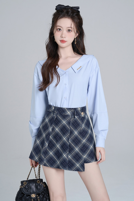 Blue neck French loose shirt set