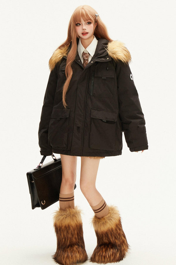 ファーカラーフード付きコットンコート