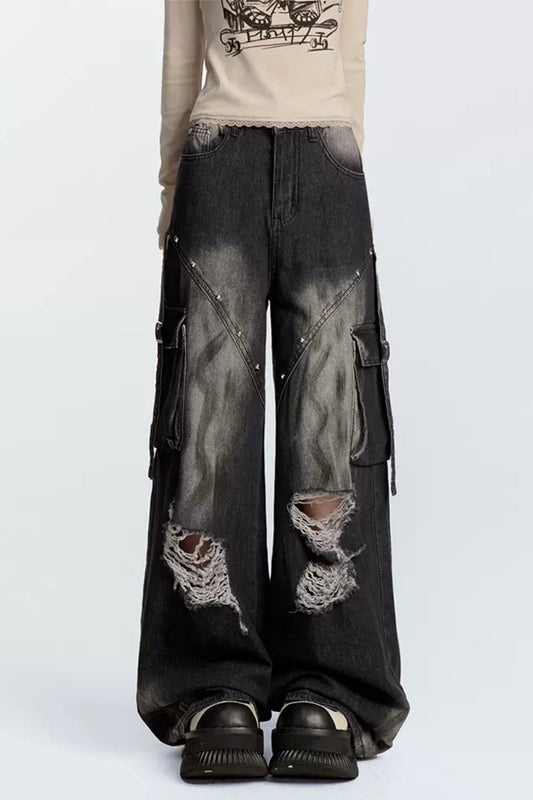 Black Ripped Loose Wide Leg Jeans