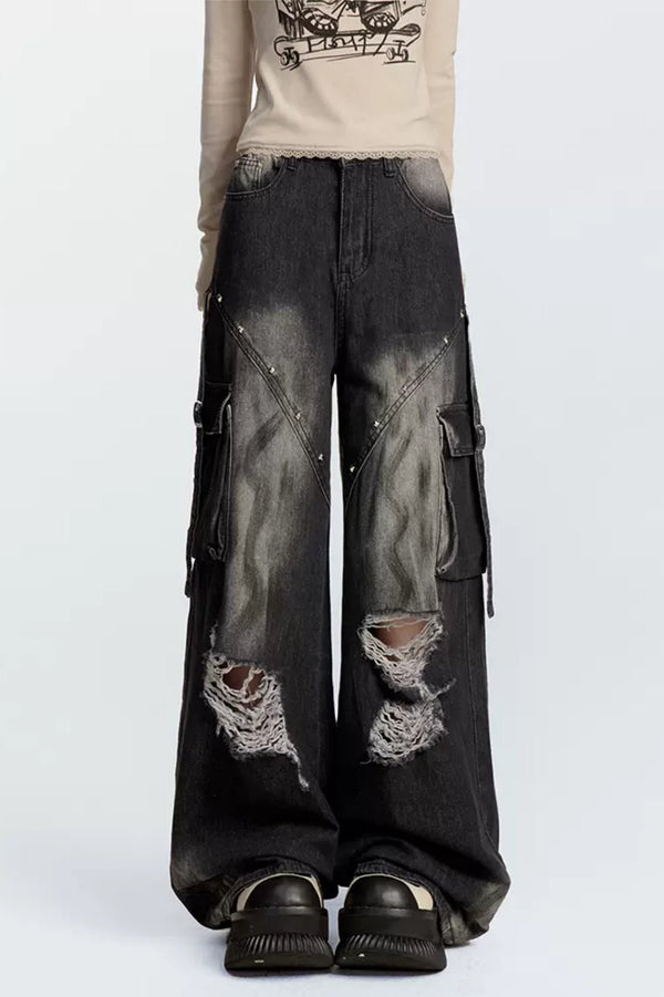 Black Ripped Loose Wide Leg Jeans