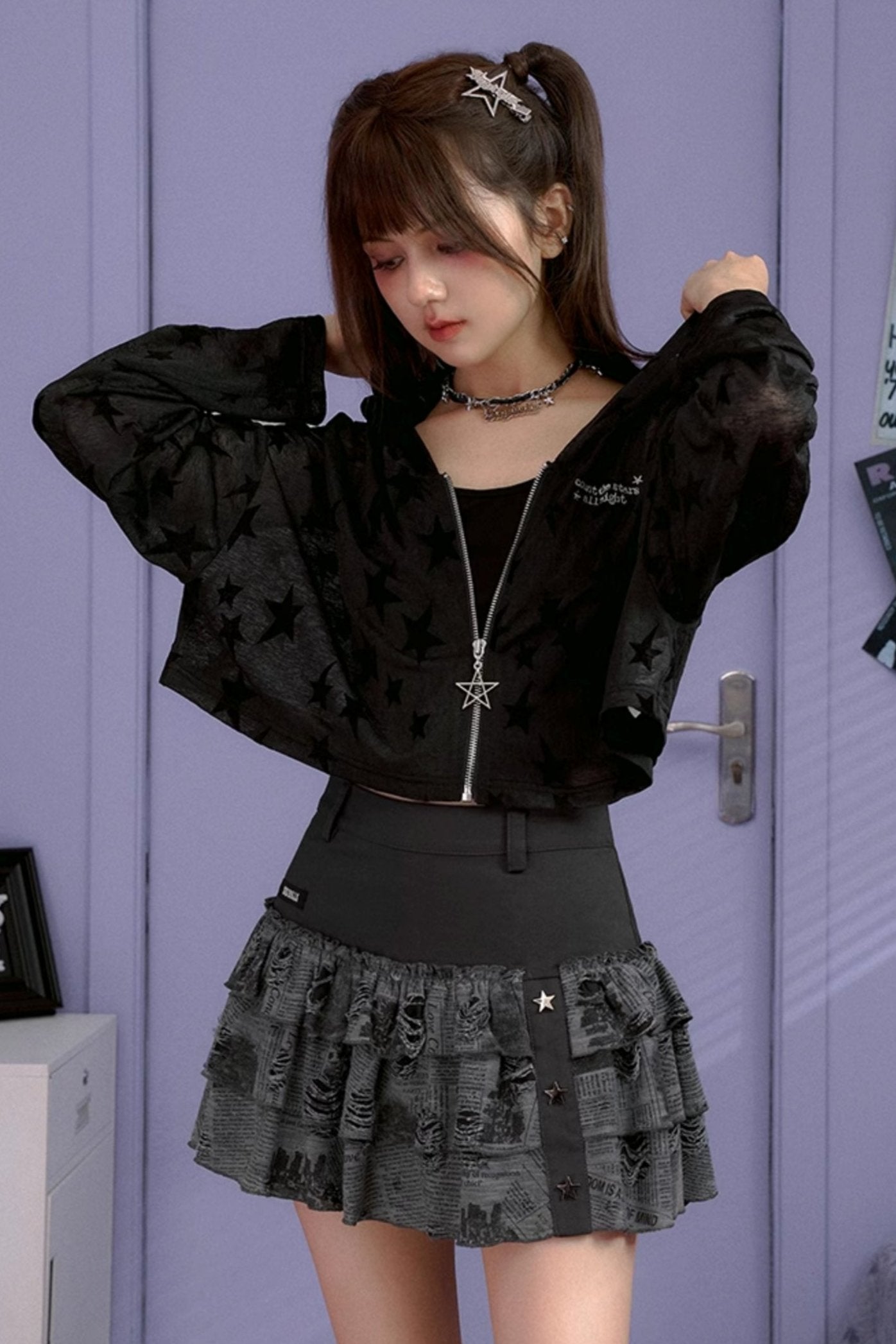 High Waist Black Newspaper Print Skirt