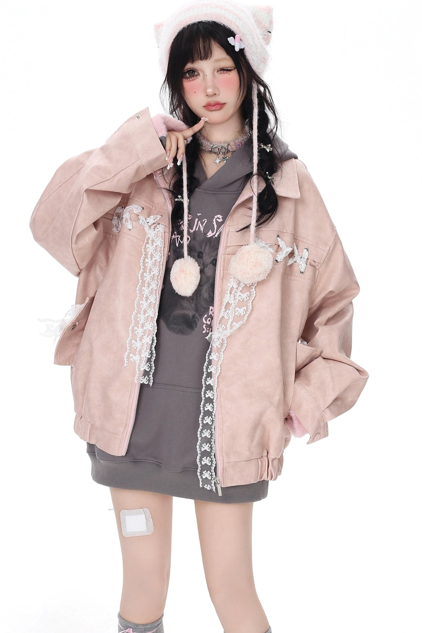 Loose Pink Bow Tie Leather Coat