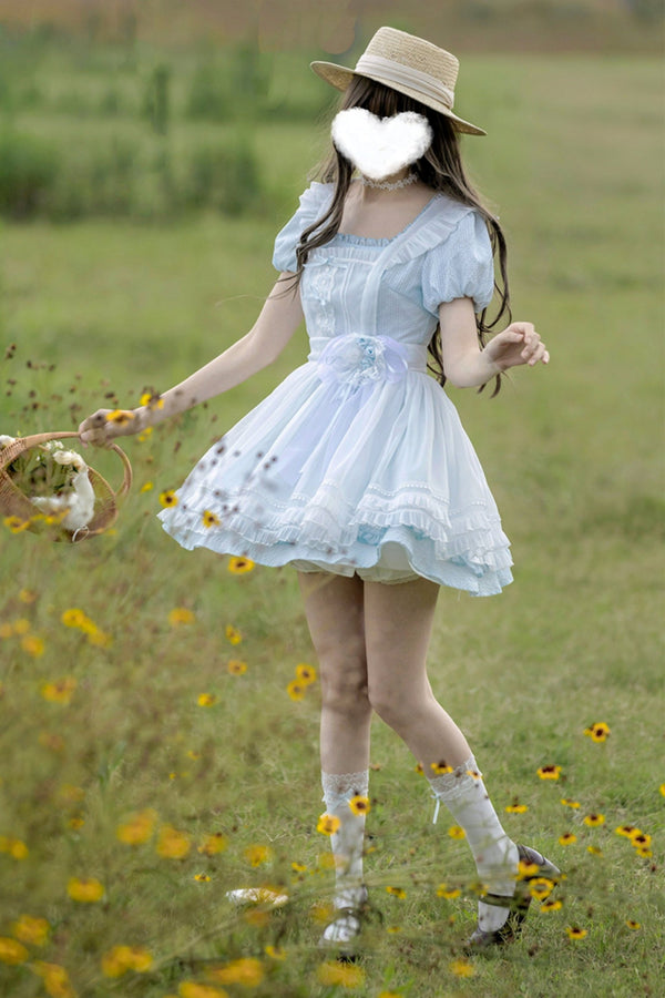 ブルードレスエプロンツーピースセットアップ