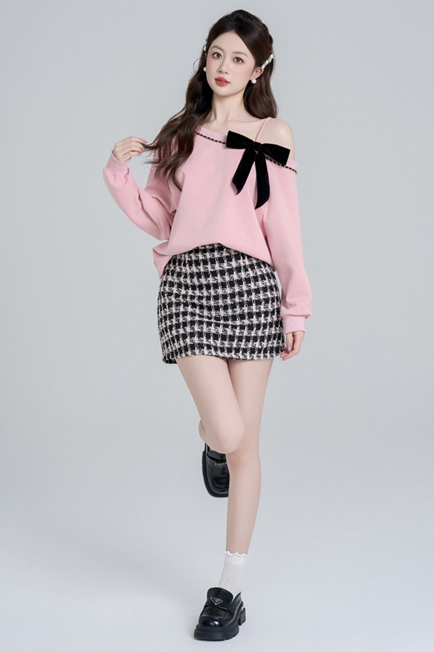 Pink slant shoulder loose sweatshirt set