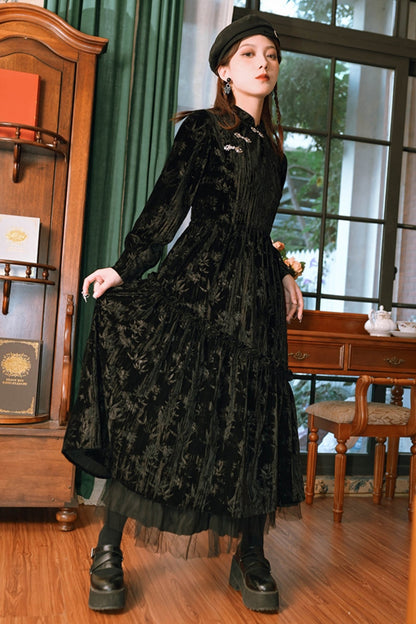 Black Velvet Chou Sam Collar Long Dress