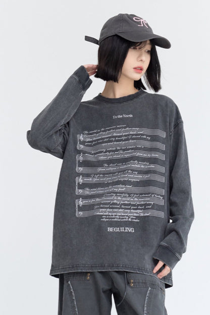 Music Note Print Long Sleeve Tops