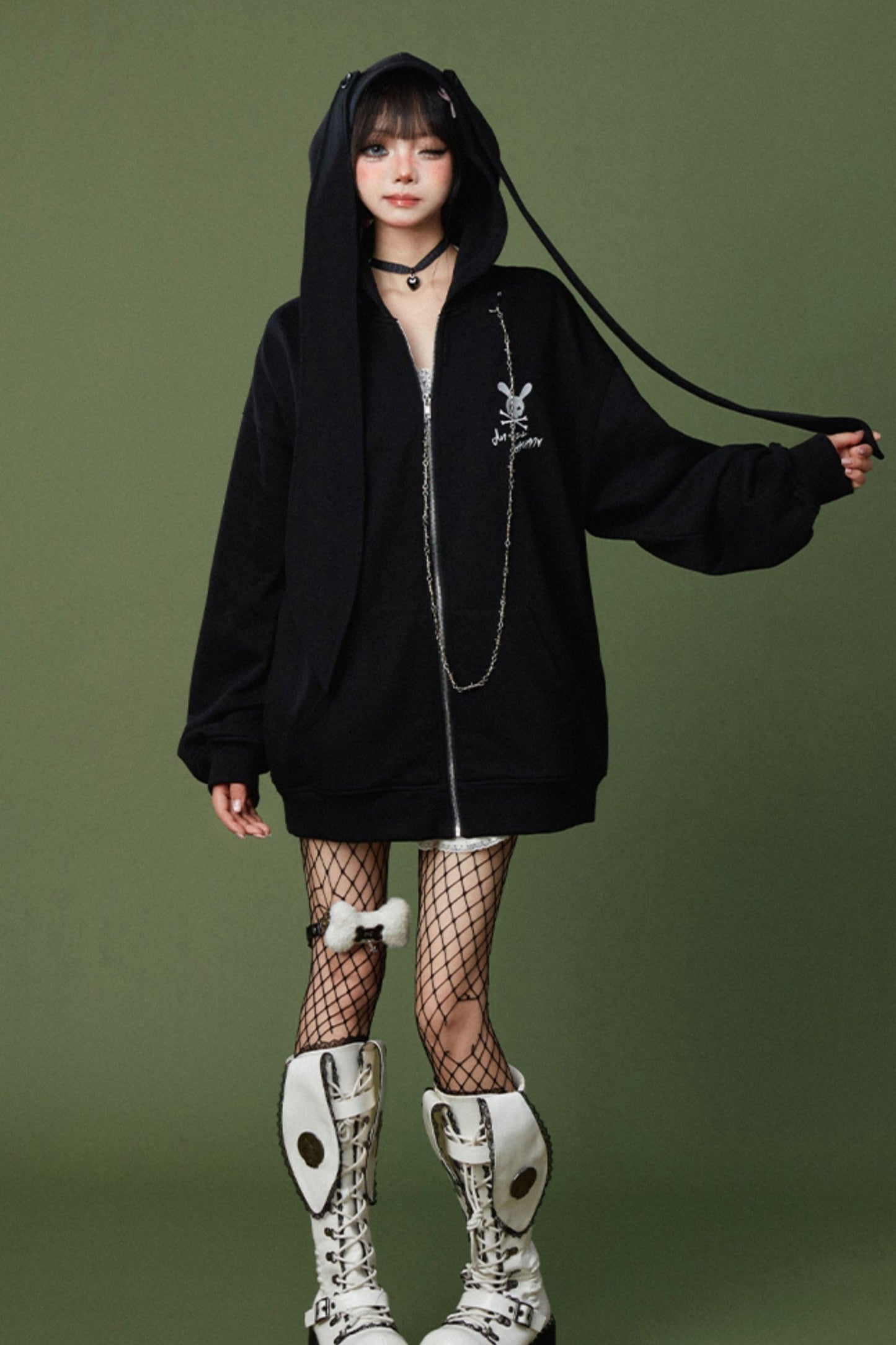 Rabbit Ears Loose Hooded Cardigan Jacket