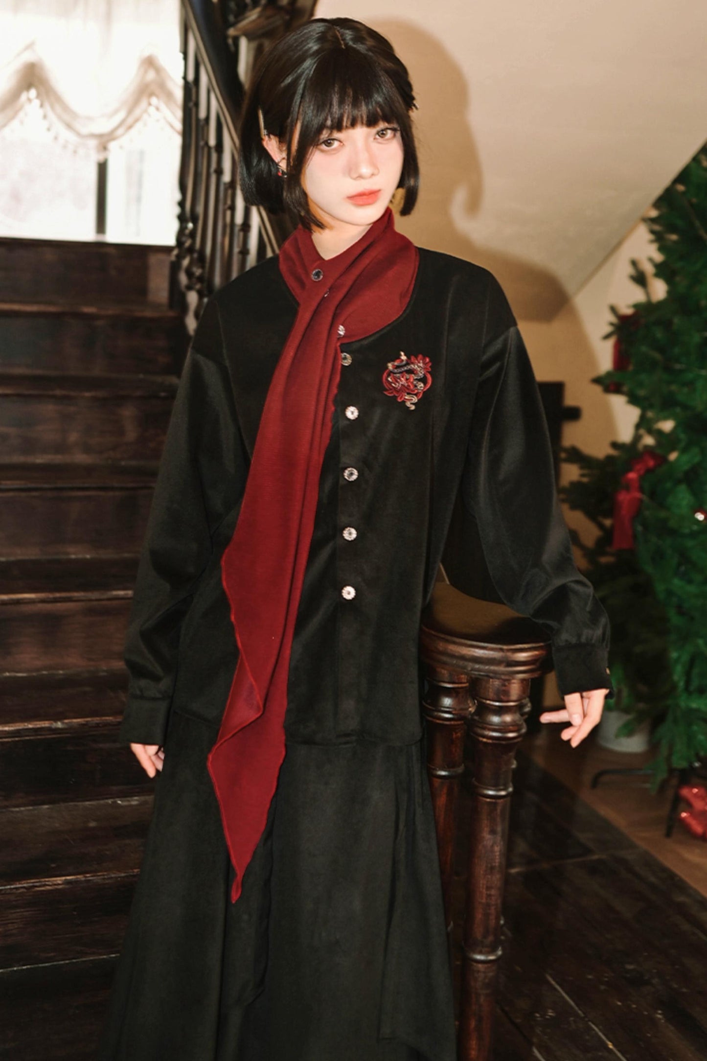 Black Embroidery High Collar Shirt