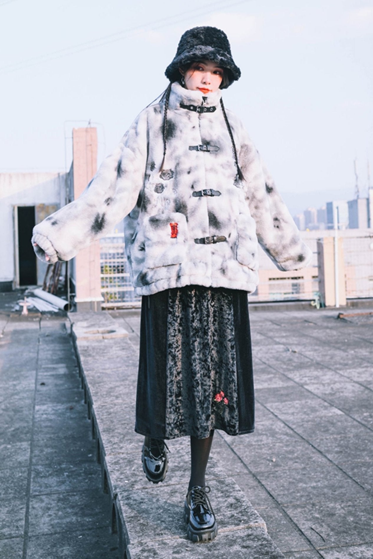 Stand-Up Collar Embroidered Fur Coat